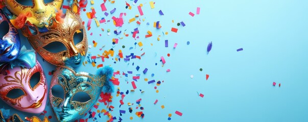 Carnival theme display: Overhead shot of vibrant masquerade masks and scattered confetti on a soft blue backdrop, leaving space for your message or promotion. Generated