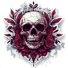 Artistic skull illustration surrounded by red roses and intricate floral patterns on a white background