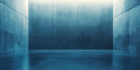 Minimalist concrete interior space with smooth reflective floor in shades of blue and gray, featuring abundant blank space for design use.