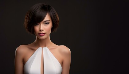 Fototapeta premium studio portrait of a brunette woman with short hair and nude shoulders wearing a low cut white mini dress on black background 