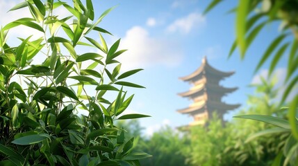 Naklejka premium Serene Pagoda in Bamboo Forest