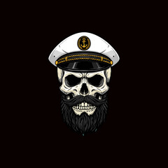 A stylized illustration of a skull with a long beard wearing a captain's hat and nautical insignia.