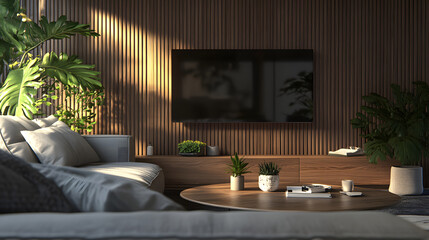Living room illuminated by natural light with green plants adding freshness.