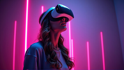 Virtual reality experience in neon-lit environment with user immersed in digital world
