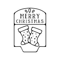 Merry Christmas silhouette badge element. Winter line art label design. Christmas sock linear print for t-shirt, cards, stickers. Stock Christmas silhouette artwork