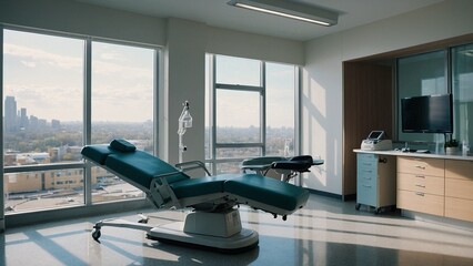 A contemporary hospital room featuring a city view and an examination chair. Hospital interior design, medical treatment, and healthcare. Key word