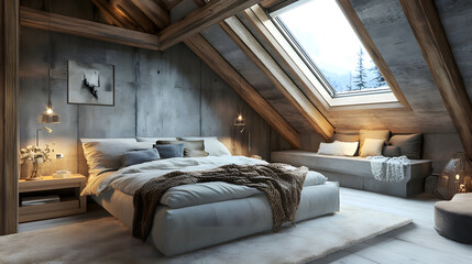 Bright and cozy attic bedroom with rustic wooden beams and large windows offering scenic views.