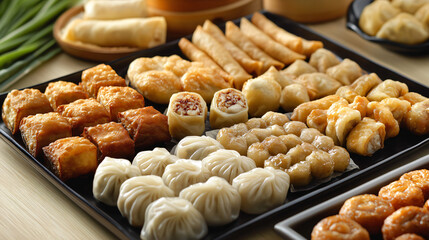 A Chinese dim sum platter with dumplings, buns, and spring rolls, reflecting the communal and diverse flavors of Chinese tradition.