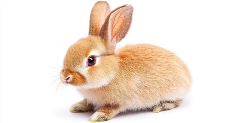 Cute light brown rabbit sitting on a clean white background with ears upright and a soft fur texture showcasing a playful demeanor 150 characters