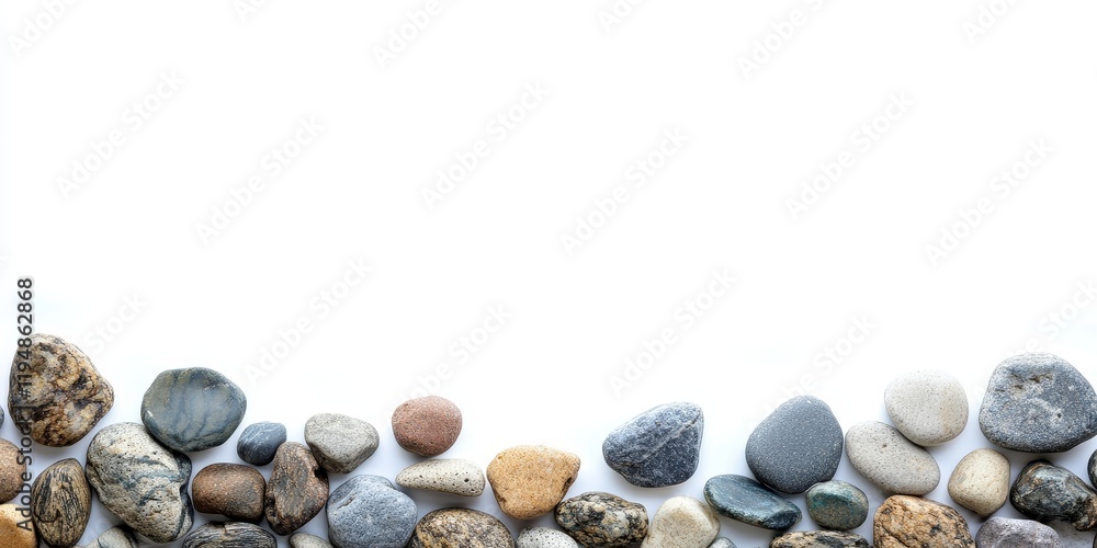 Aufkleber aerial view of various smooth stones in earthy tones arranged along the bottom of a bright white bac