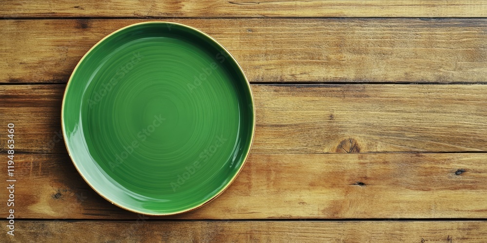 Poster aerial view of a vibrant green plate centered on a rustic wooden surface with warm brown tones creat