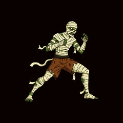 A fierce green mummy, bandaged and in fighting stance, prepared for combat.