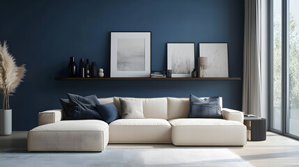 Modern living room featuring a blue sofa and minimalist design elements.