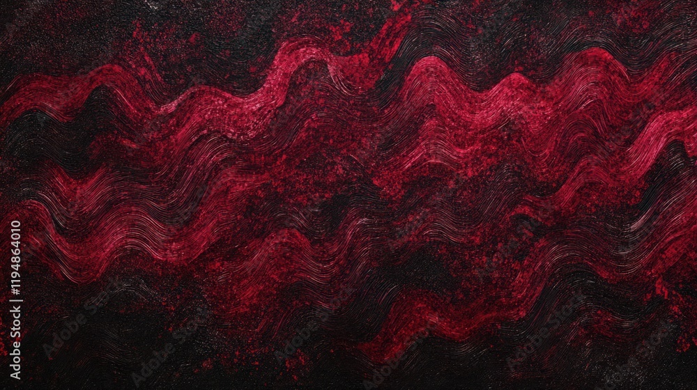 Poster abstract waves of deep red and black textured background with splatters of paint