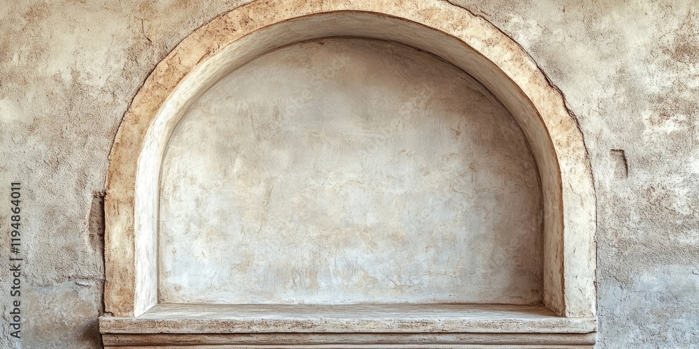 Poster aged plaster arch with a rustic stucco frame showcasing a beige textured background and ample copy s