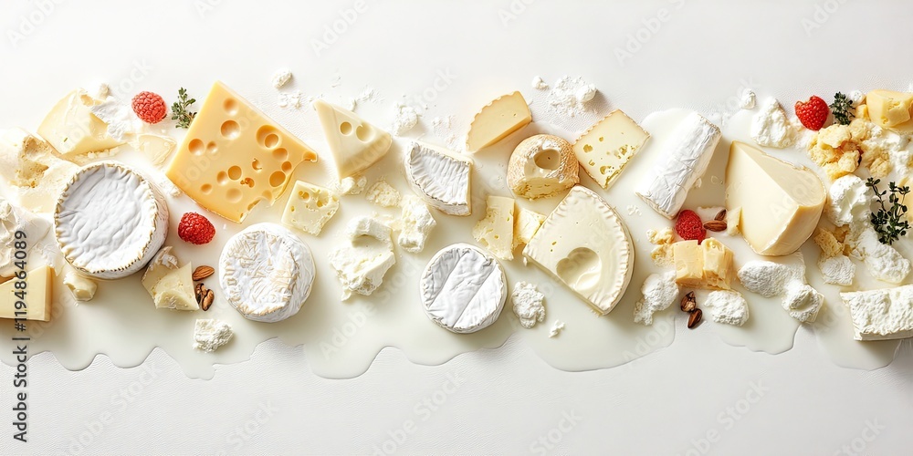 Poster assorted cheeses elegantly displayed on white background with milk pool, featuring soft and hard var