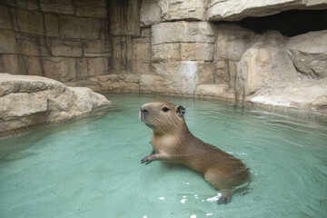 Obraz premium A small brown animal is swimming in a pool of water