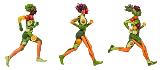 A set of three people are running with their bodies made of vegetables and fruits on a transparent background.