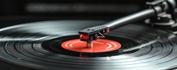 Vinyl record spinning on turntable in music studio close-up view nostalgic vibes for audiophiles