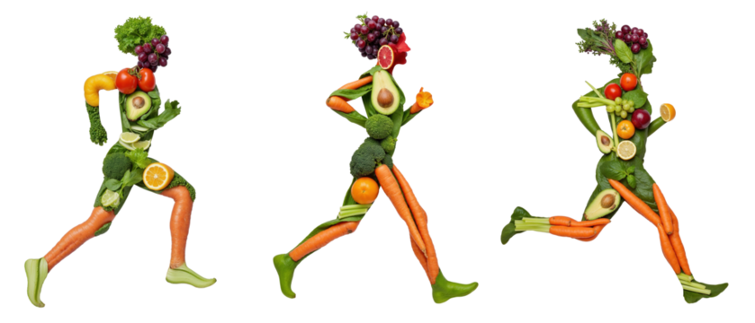 A set of three people are running with their bodies made of vegetables and fruits on a transparent background.