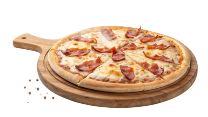Delicious Bacon Pizza on Wooden Board, Isolated on White Background, food photography, pizza recipe, Pizza, Food, Recipe