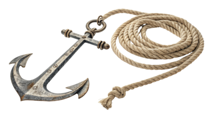 Nautical Anchor with Rope, Isolated on White Background, Maritime Decor, Vintage Style, Nautical, Anchor, Rope