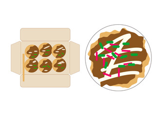 日本の大都市で万博も開かれる大阪の名物食べ物たこ焼きとお好み焼きのベクターイラスト　

