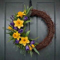Colorful floral wreath with yellow daffodils and purple tulips on a door