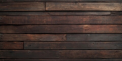 Obraz premium Dark brown wooden wall texture with various horizontal planks creating a rustic background ideal for copy space and creative design applications