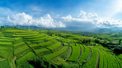 Renewable energy impact on rice fields aerial view green landscape