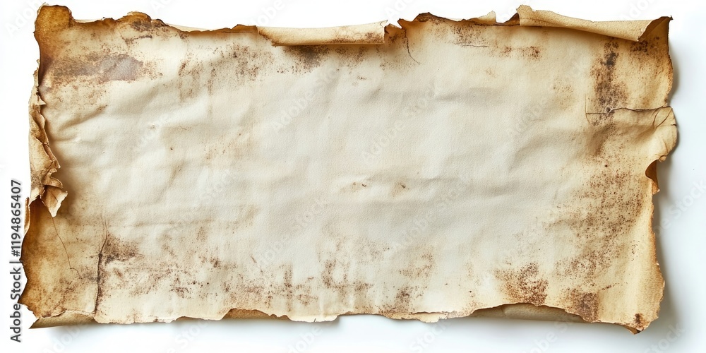 Poster aged parchment paper with frayed edges and brown stains centered on a clean white background creatin
