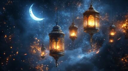Illuminated Lanterns Hanging Against A Night Sky