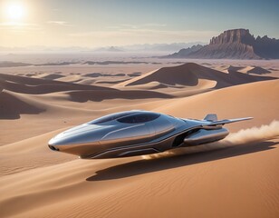 A futuristic hovercraft gliding above an otherworldly desert landscape, leaving luminous trails behind.