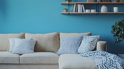 Comfortable living room with a soft blue sofa and natural lighting creating a serene vibe.