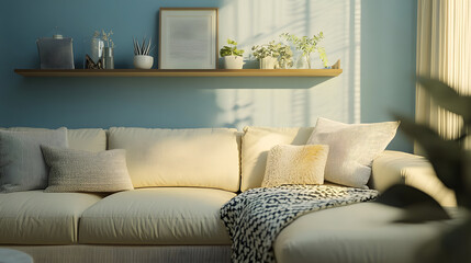 Modern space featuring a blue and white sofa, offering a clean, tranquil atmosphere.