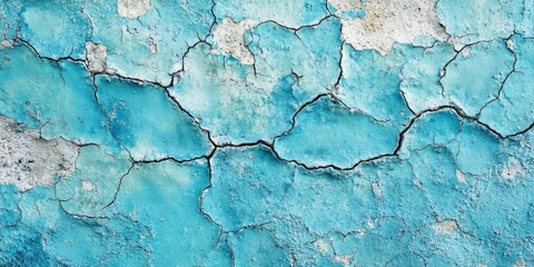 Obraz premium Textured blue and turquoise concrete wall with visible cracks and peeling paint, featuring an abstract design on the surface in a horizontal layout.