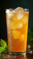 Cold drink golden liquid ice cubes fizzy beverage