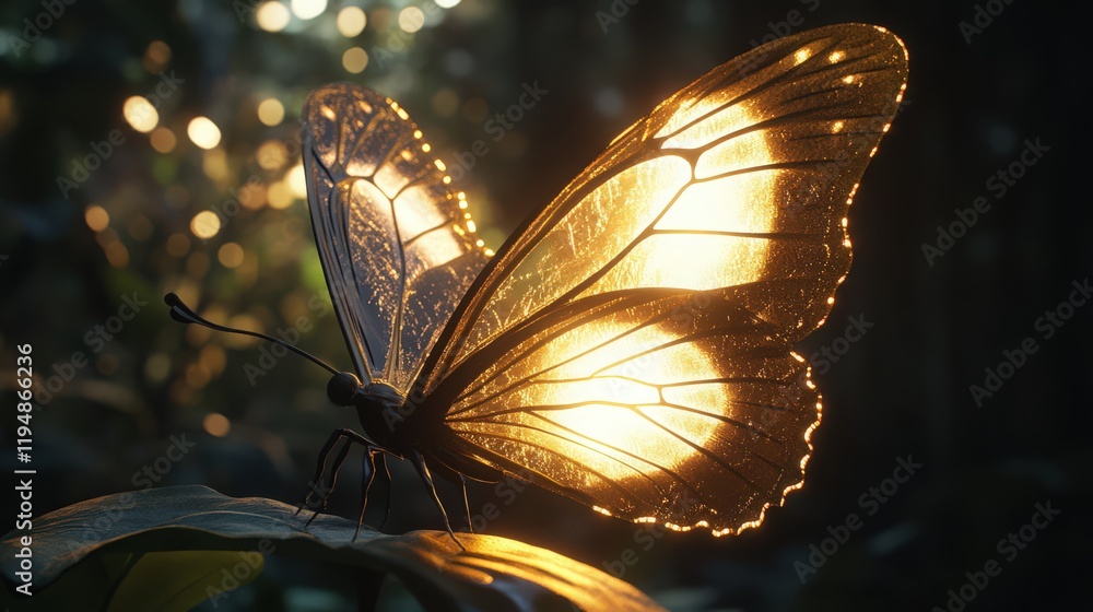 Aufkleber golden butterfly illuminated by backlight on a leaf with blurred bokeh effect background