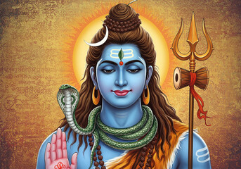 Lord Shiva Meditative Pose Trishul Snake Crescent Moon Spiritual Art