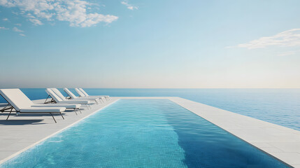 Fototapeta premium Poolside with comfortable loungers and an incredible view of the ocean, creating a perfect retreat.