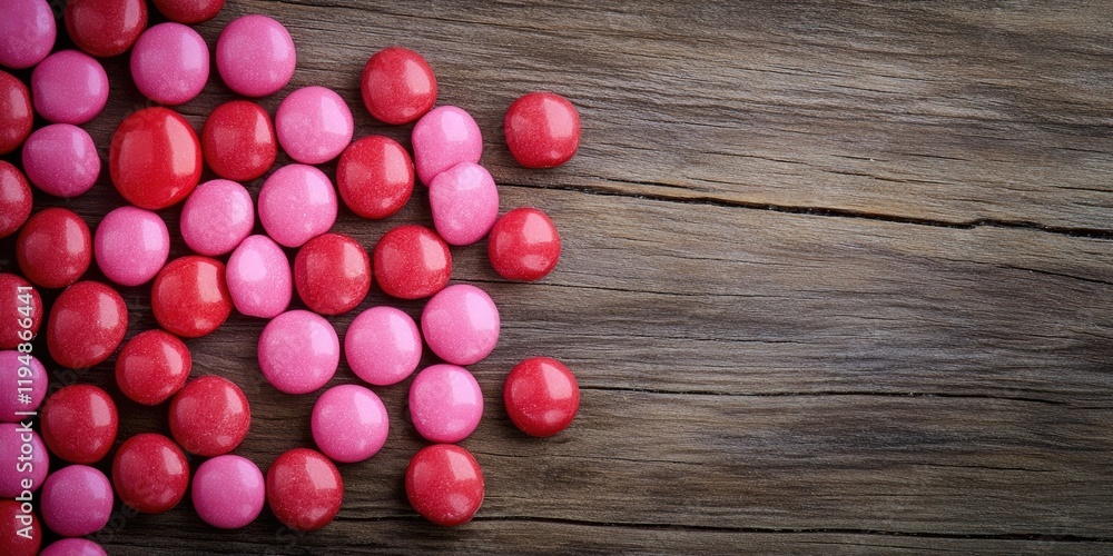 Poster aerial view of scattered red and pink candies on a rustic wooden surface with ample negative space f