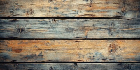 Obraz premium Rustic wooden plank background showcasing a blend of deep brown and faded blue hues arranged horizontally with natural texture and grain details.