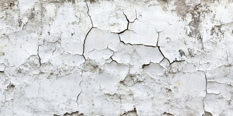Obraz premium Cracked aged white wall with rustic texture displaying various shades of light grey and white, emphasizing deep fissures and uneven surfaces.