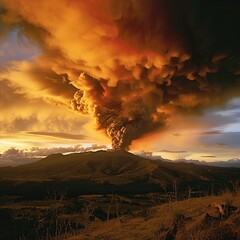 Fototapeta premium Fiery volcanic eruption at sunset, massive ash plume rising above mountain landscape.