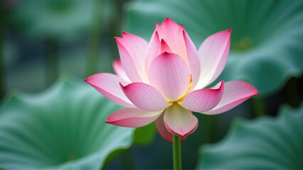 Obraz premium Beautiful pink lotus flower blooming amidst green leaves in a serene pond