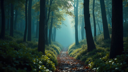 Obraz premium Walking through a misty forest path surrounded by tall trees and vibrant foliage in the early morning light