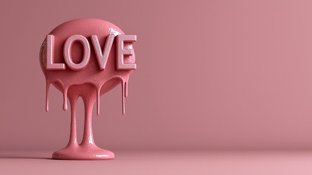 Banner with 3D text "LOVE" in the style of dripping liquid, pink on a pink background. Valentines Day greeting card concept. Mothers Day anniversary design.