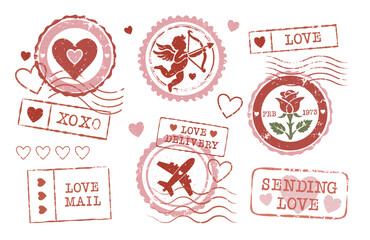 Set of Romantic Vintage Postmarks and Stamps for Valentine's Day and weddings. Love Scrapbooking elements like Hearts, Cupid, Rose, and Other