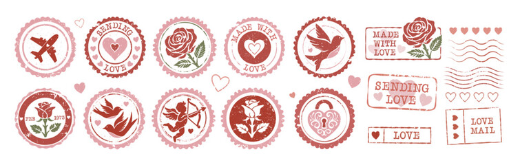 Vintage Valentine's Postmark with textured designs and Love Symbols Collection. Romantic Scrapbooking elements, roses, hearts, and Cupid. Ideal for Wedding invitations and digital Scrapbook collages