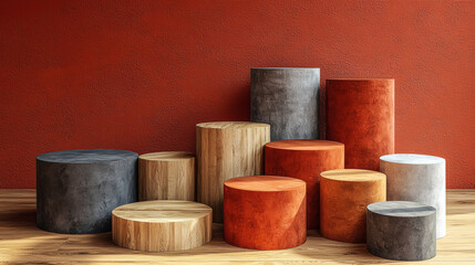 Product Display Podiums: A minimalist arrangement of various textured and colored cylindrical podiums against a rich red backdrop.  Ideal for showcasing products, branding.